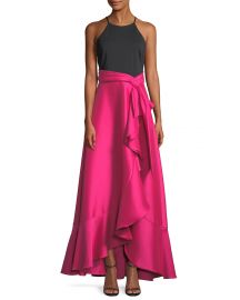 Badgley Mischka Collection Two-Tone Halter-Neck Ruffle Gown at Neiman Marcus